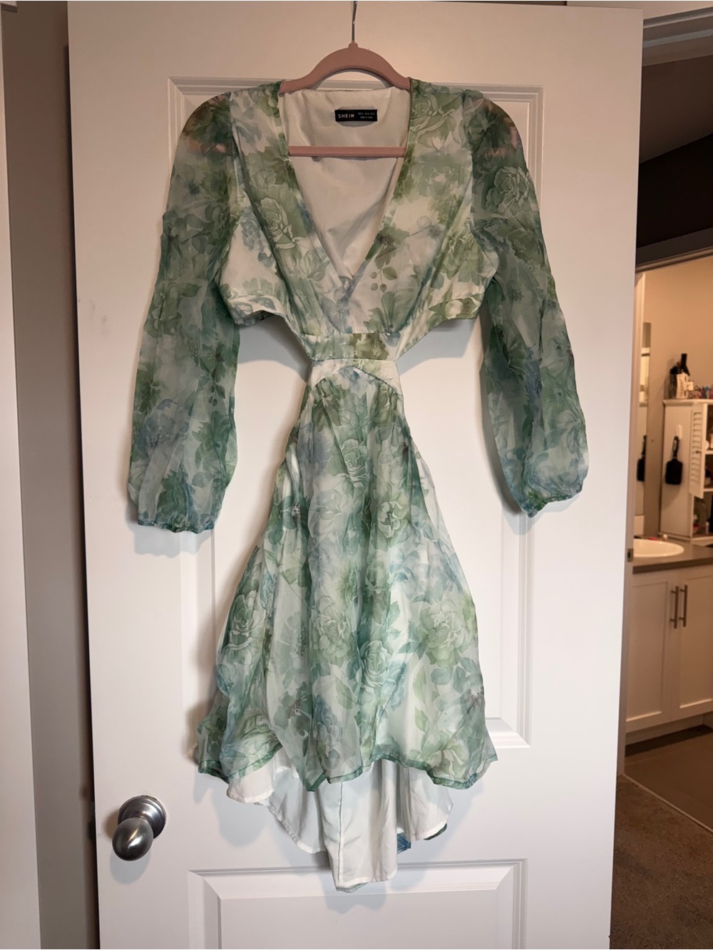 Green Floral Long Sleeve Dress with Waist Cutouts